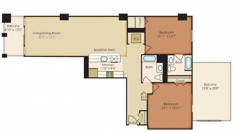 Floor plan for 2 beds, 2 baths, 1395 sqft